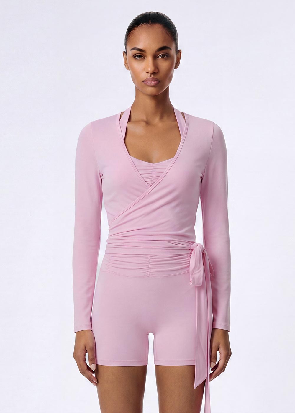 Wrap Front Tie Long Sleeve Halter Neck Crop Top