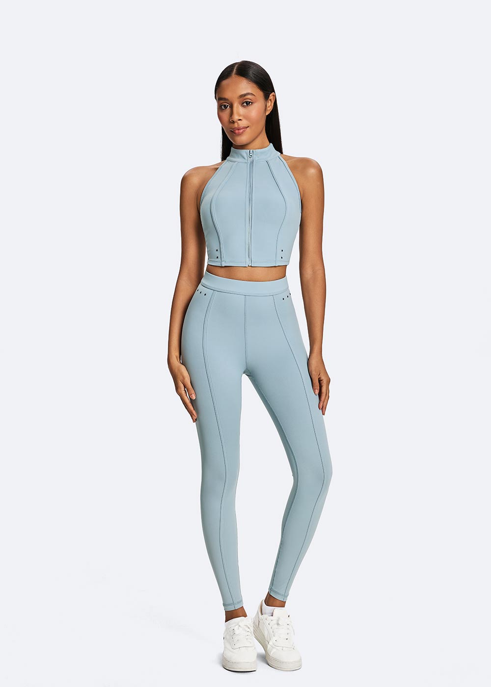 Zip-Up Halter Neck Sports Bra with Rivet