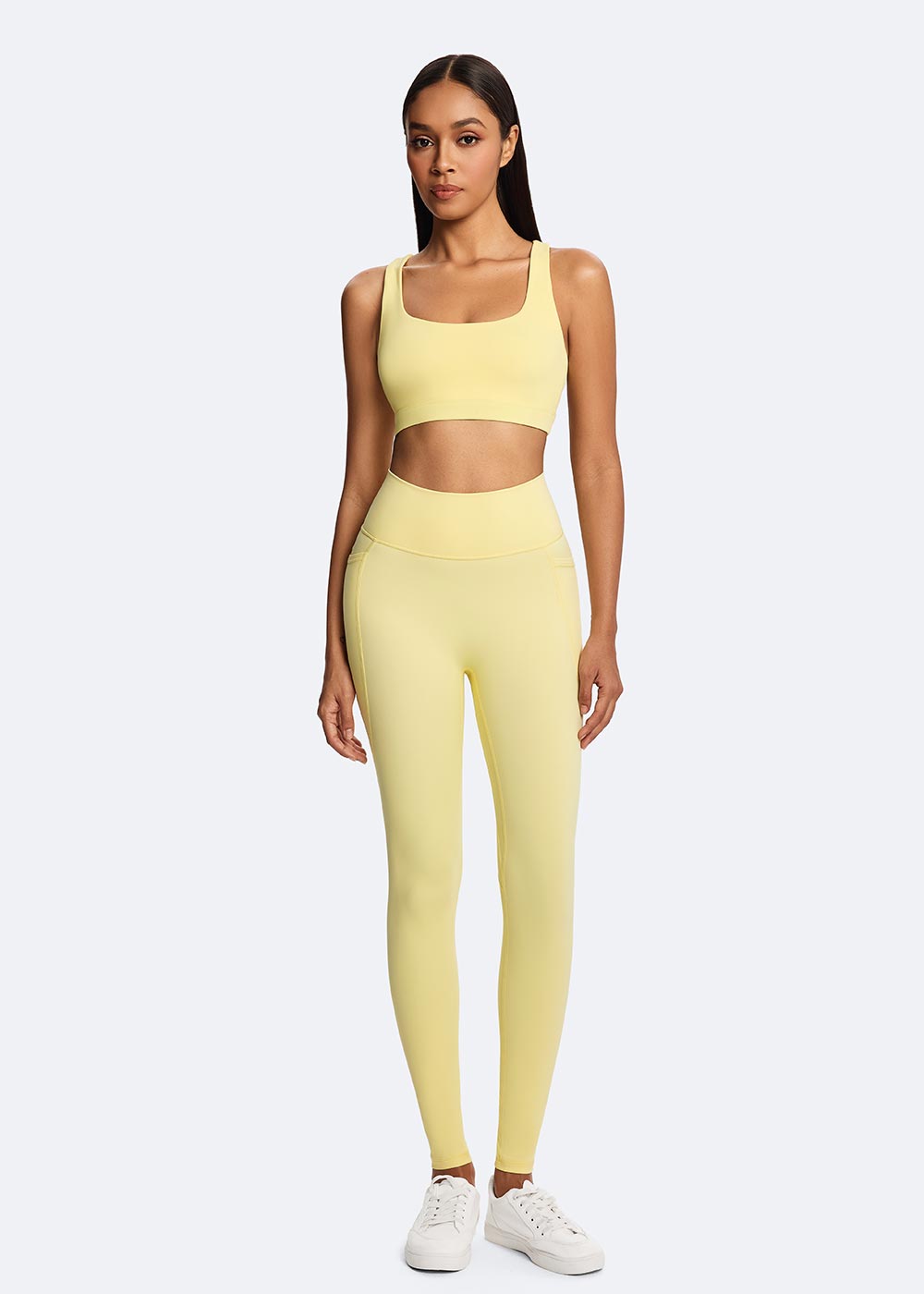 Women's Yellow Elastic Stitched Hem Sports Bra Fullbody 1