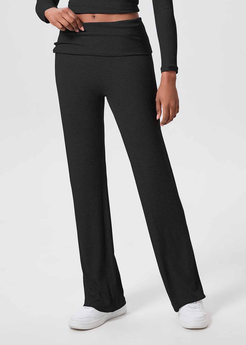 Fold Over High Waist Ribbed Flare Leg Pants