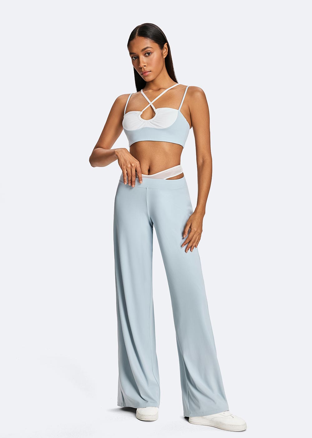 Pleated Color-blocking Bra Front full body outfit display