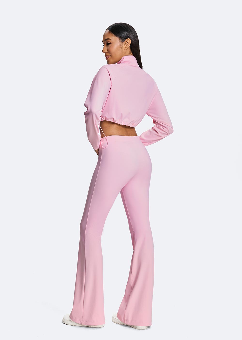 Women's Pink Half Zipper Short Loose Long Sleeve Close up of left back