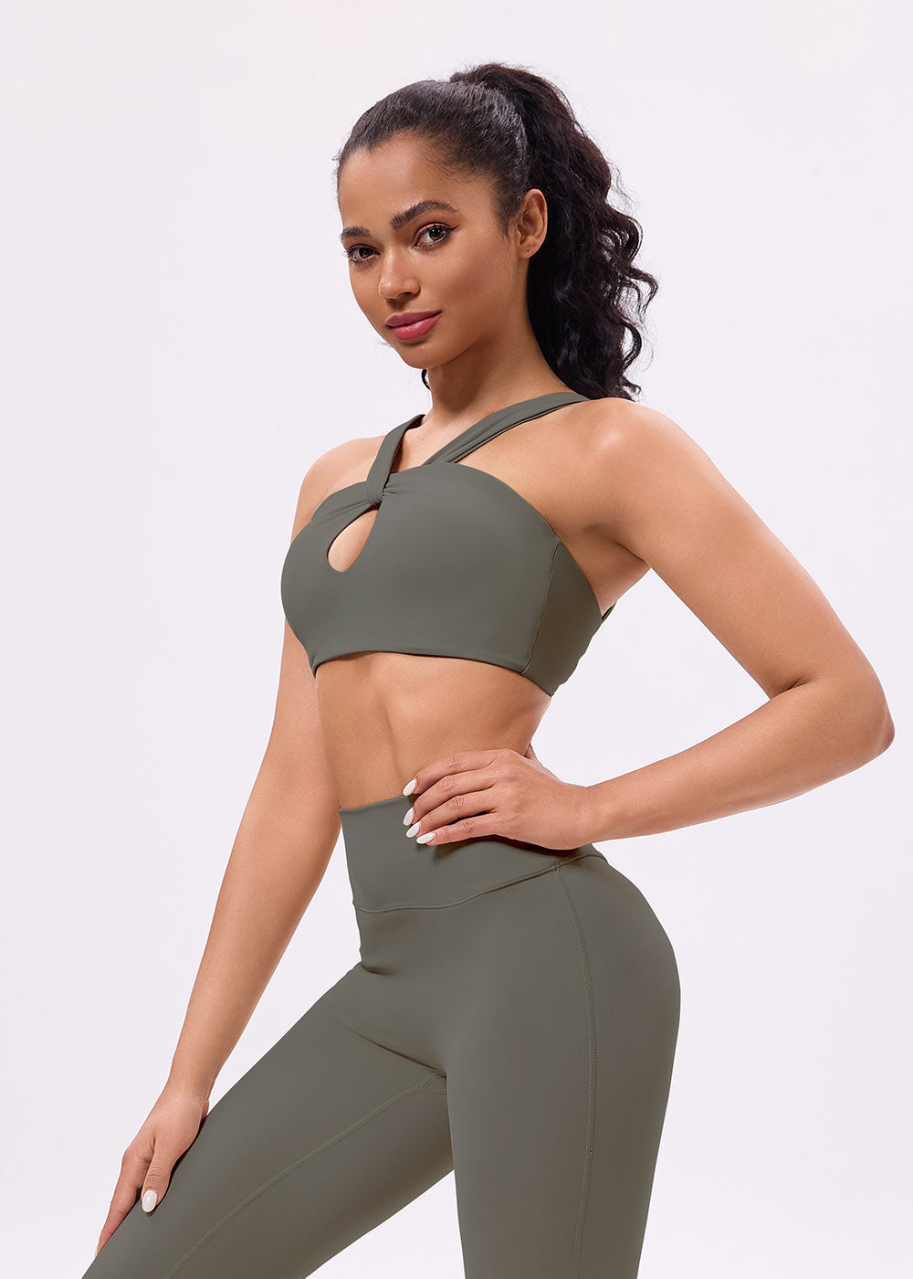 Twist Front Cutout Open-Back Sports Bra Beluga Green