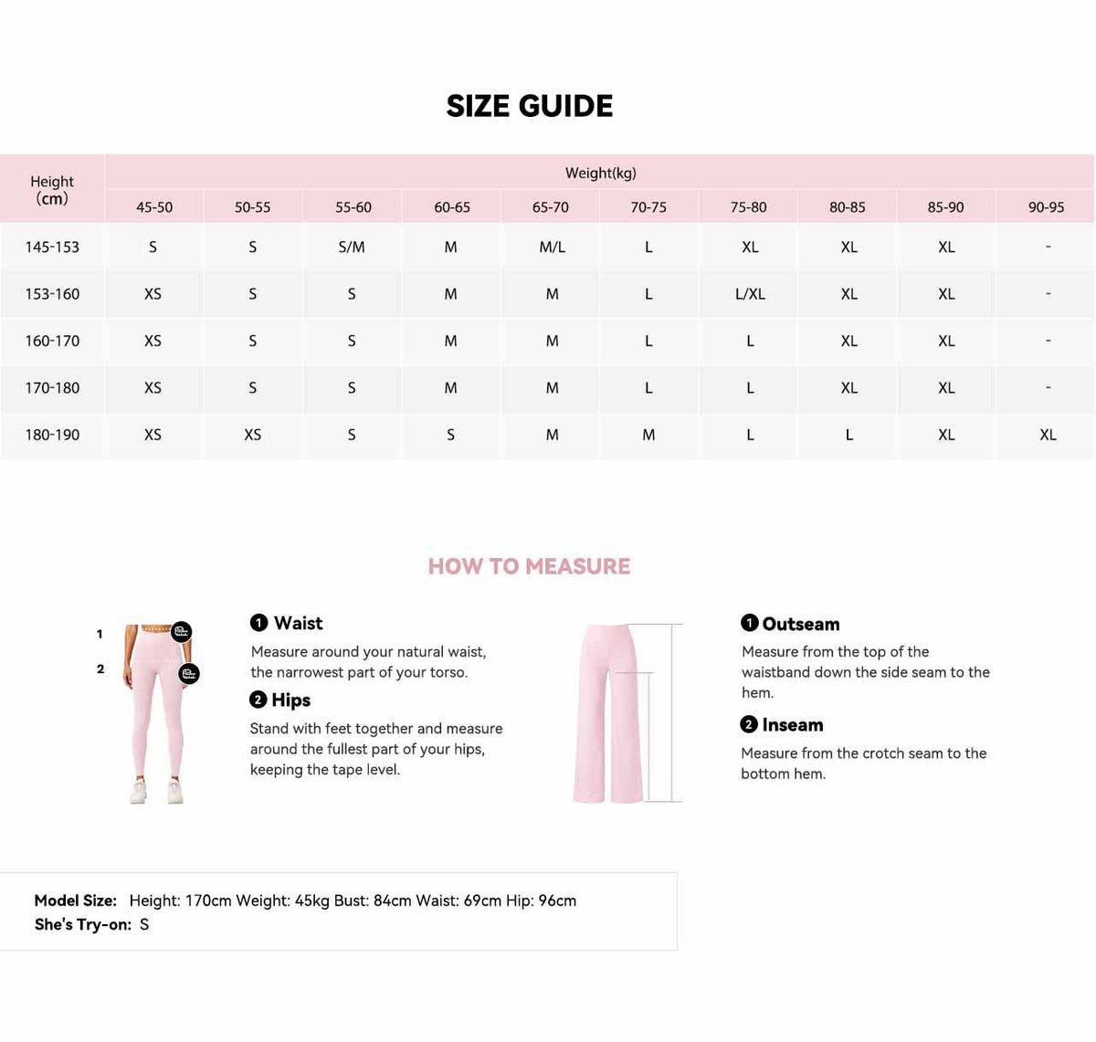 women activewear size chart