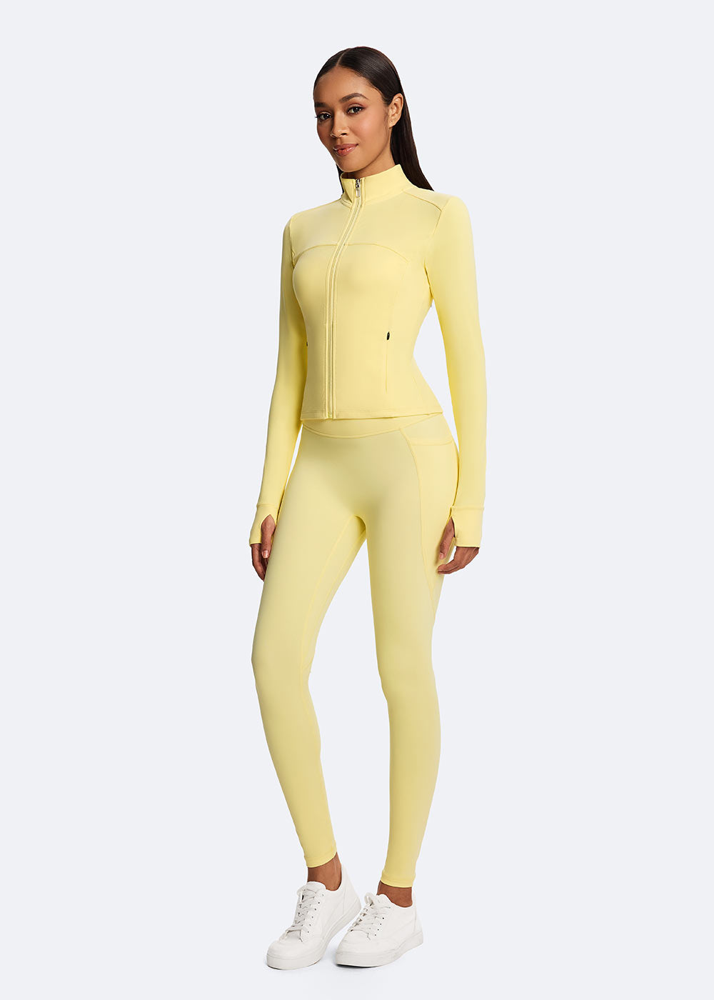Cropped Zip-Up Athletic Jacket with Thumb Holes Yellow Full body outfit display
