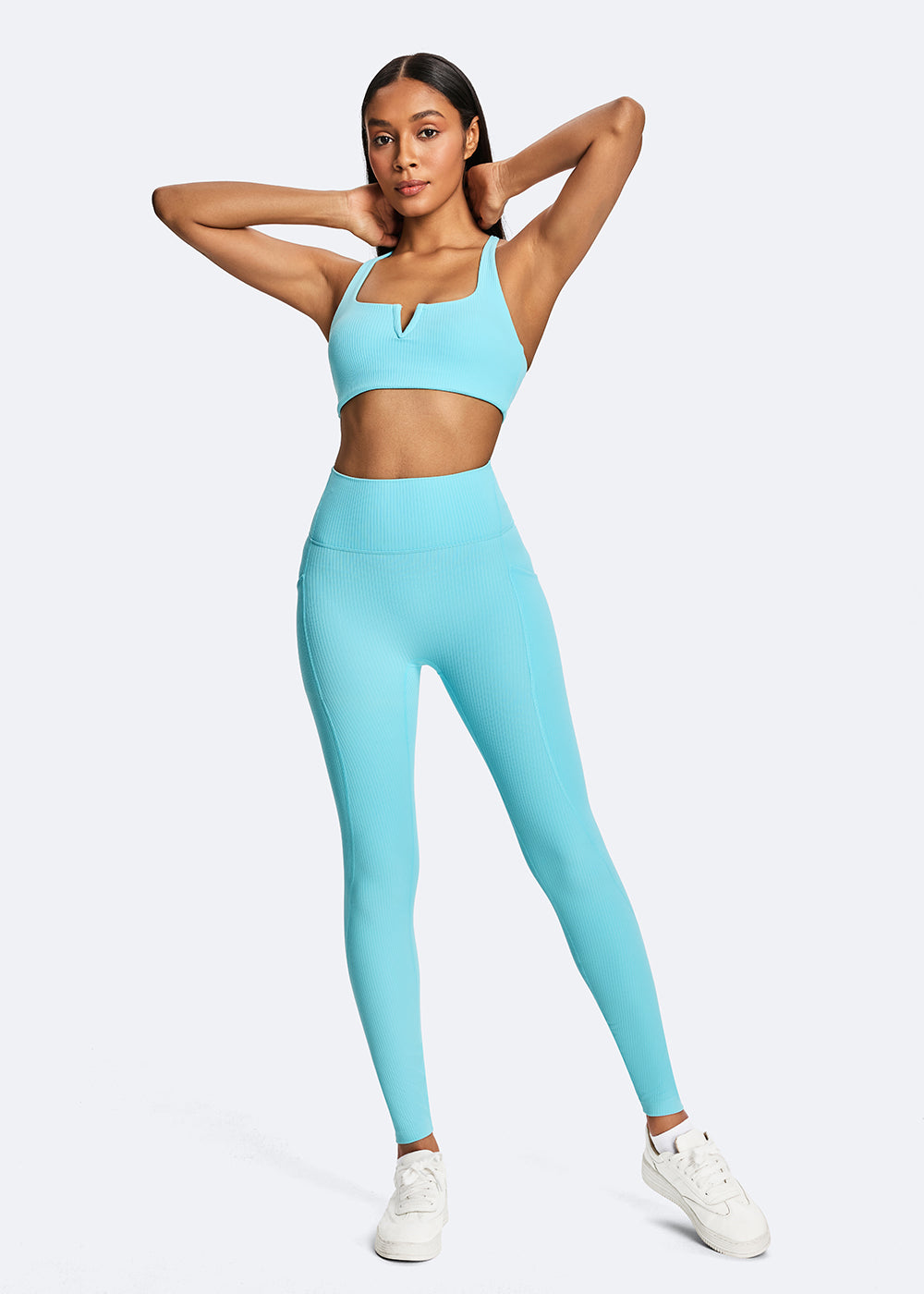 Ribbed V-Neck Crisscross Back Sports Bra - fullbody