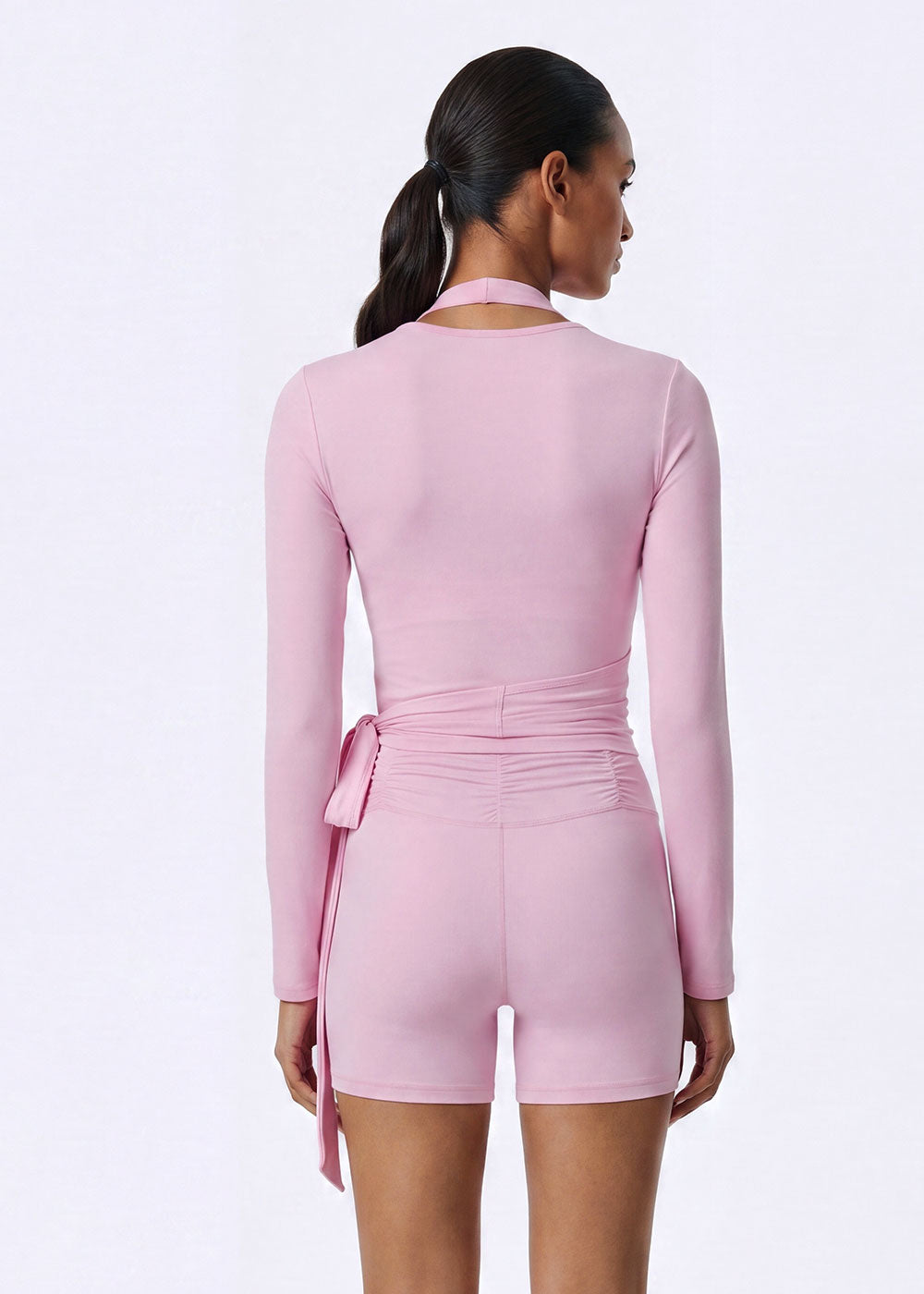 Wrap Front Tie Long Sleeve Halter Neck Crop Top