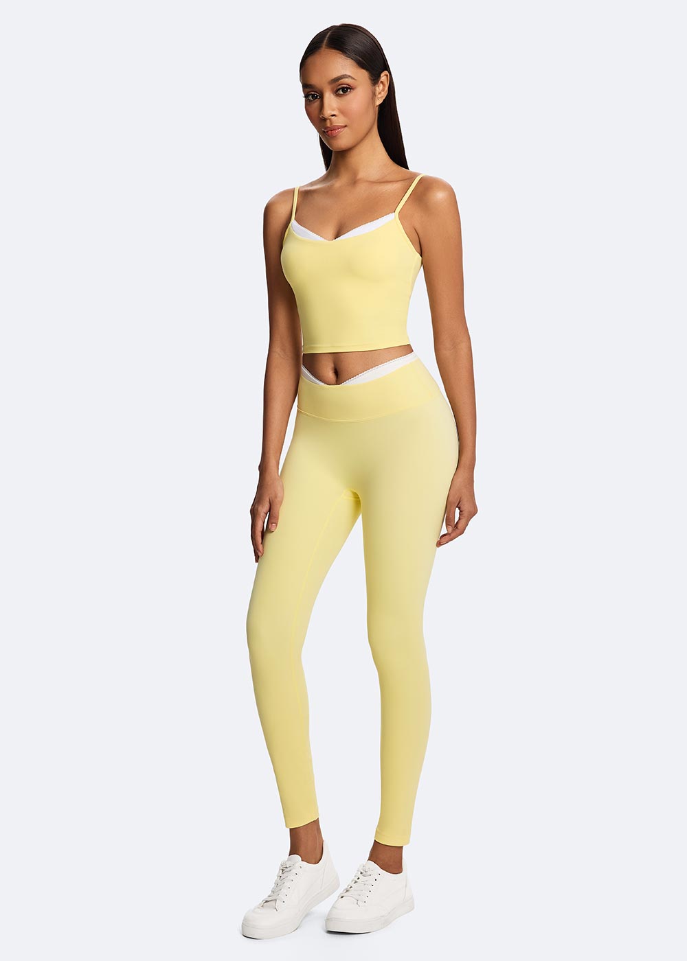 Women's Yellow Lace-up Contrast Color Sport Leggings Front pose
