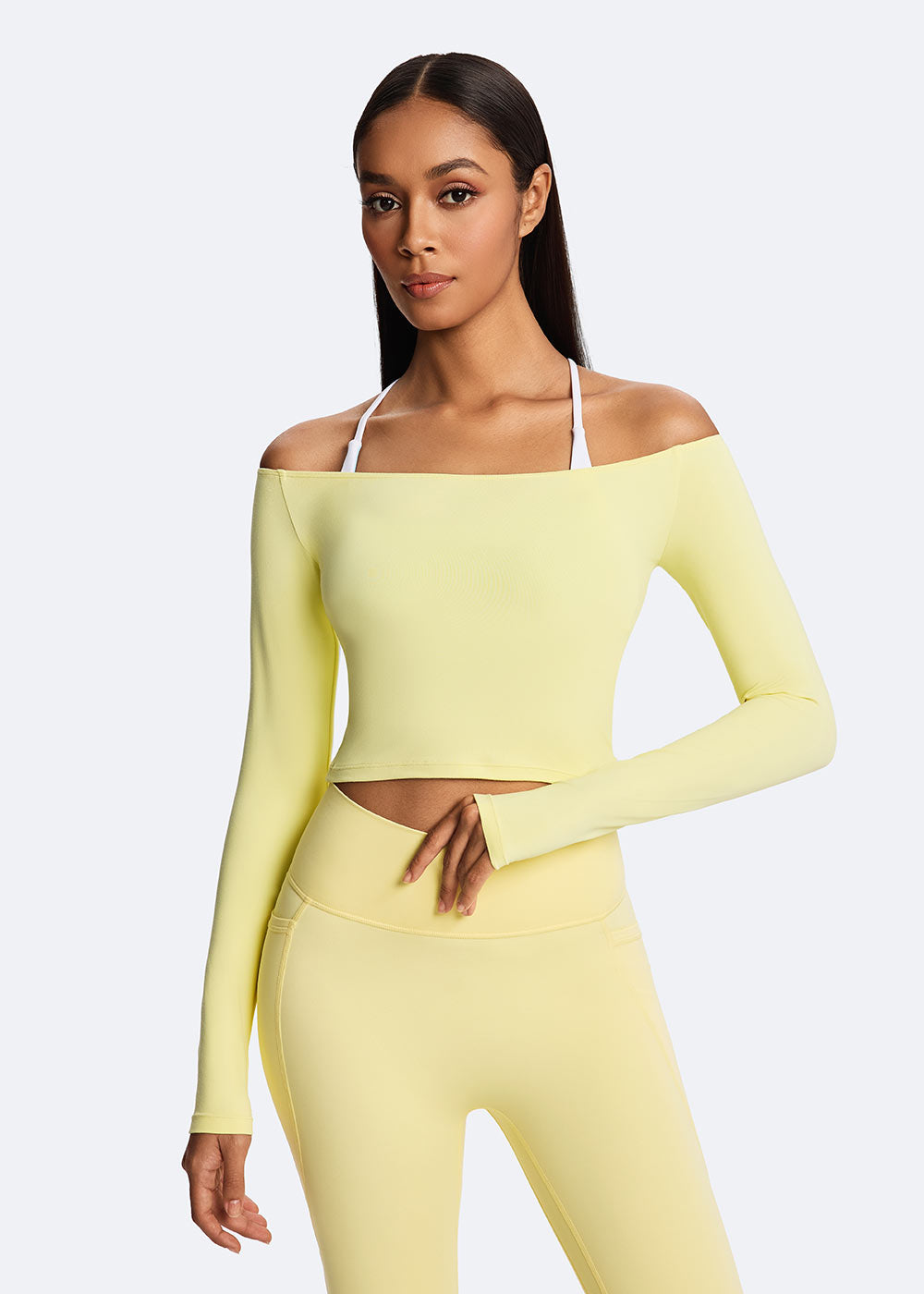 Women's Yellow Off-Shoulder Cropped Long-Sleeve Top Front Close-up