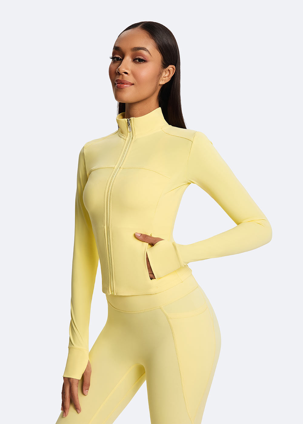 Cropped Zip-Up Athletic Jacket with Thumb Holes Yellow Close up of the left front side