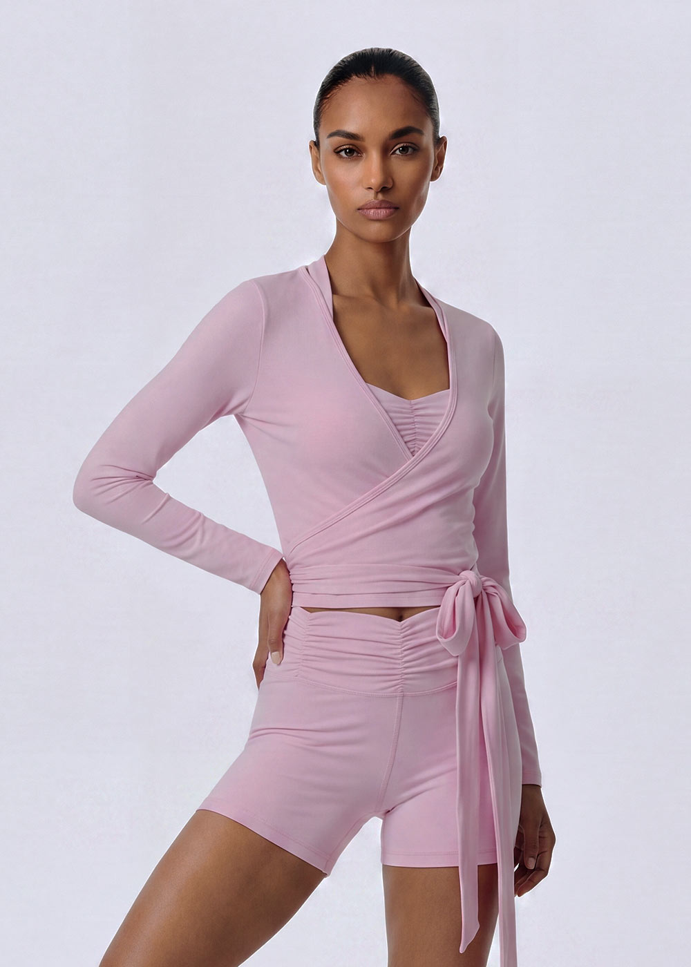 Wrap Front Tie Long Sleeve Halter Neck Crop Top