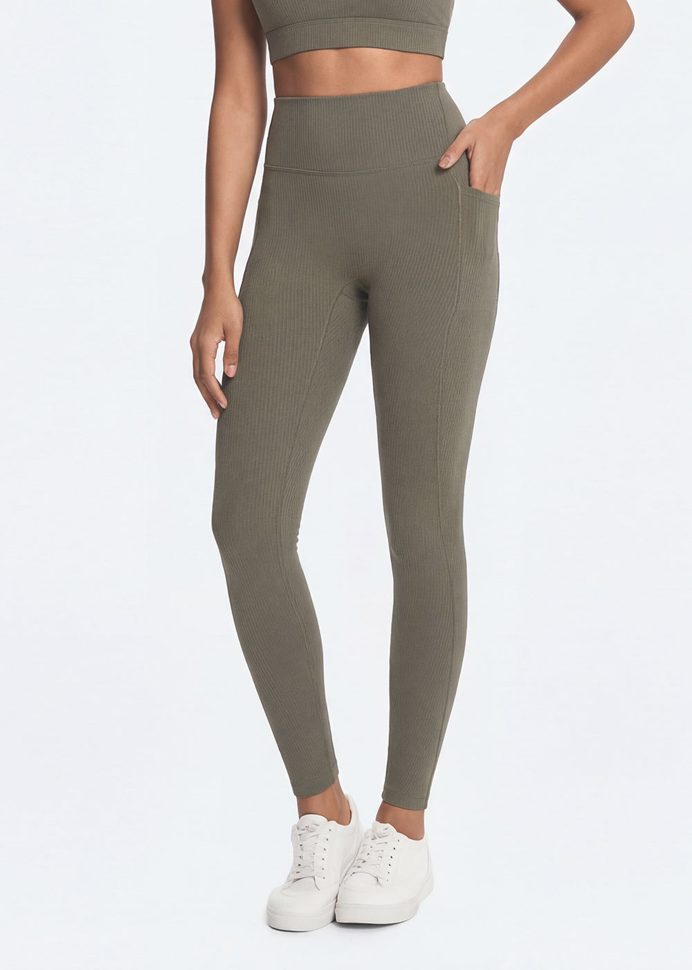 Ribbed High-Waist Pocket Gym Leggings - front