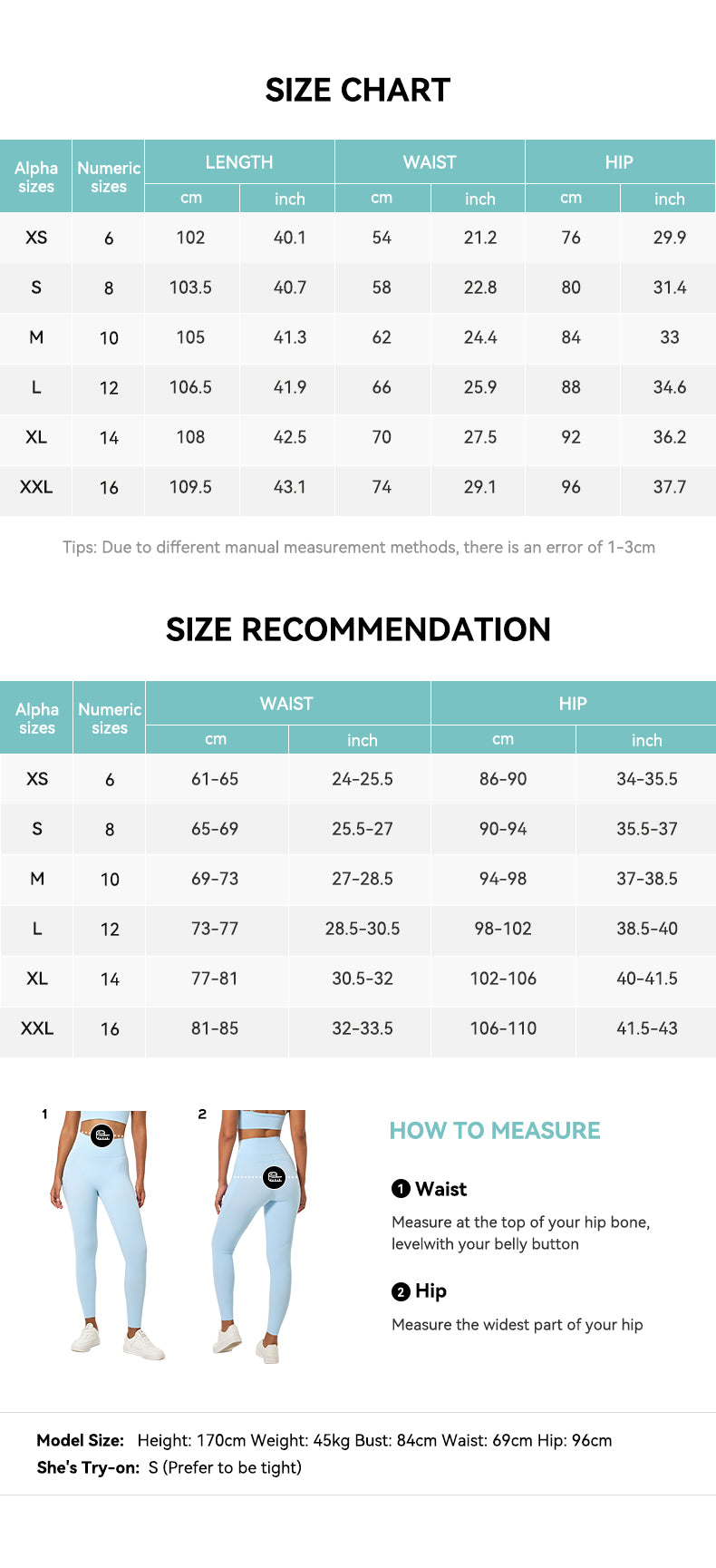High-waisted Straight Leg Yoga Pants Size Chart