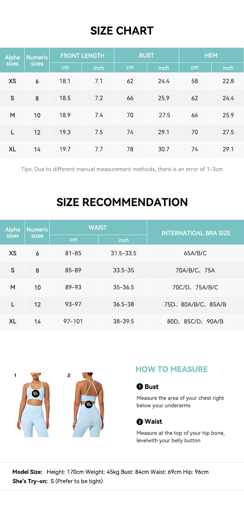 Double Strap Back Sports Bra Size Chart