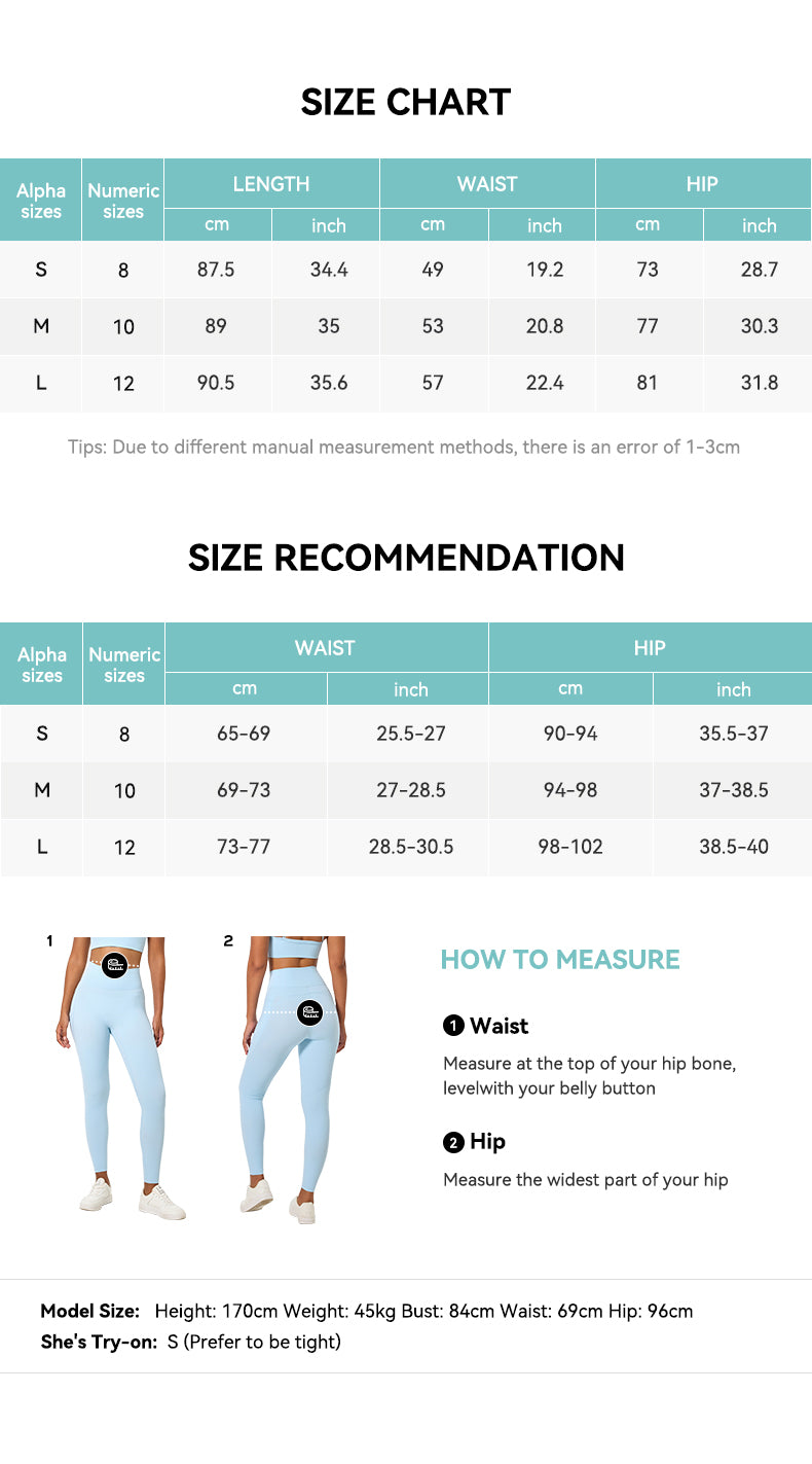 Eco-Degradable High Waist Yoga Leggings Size Chart