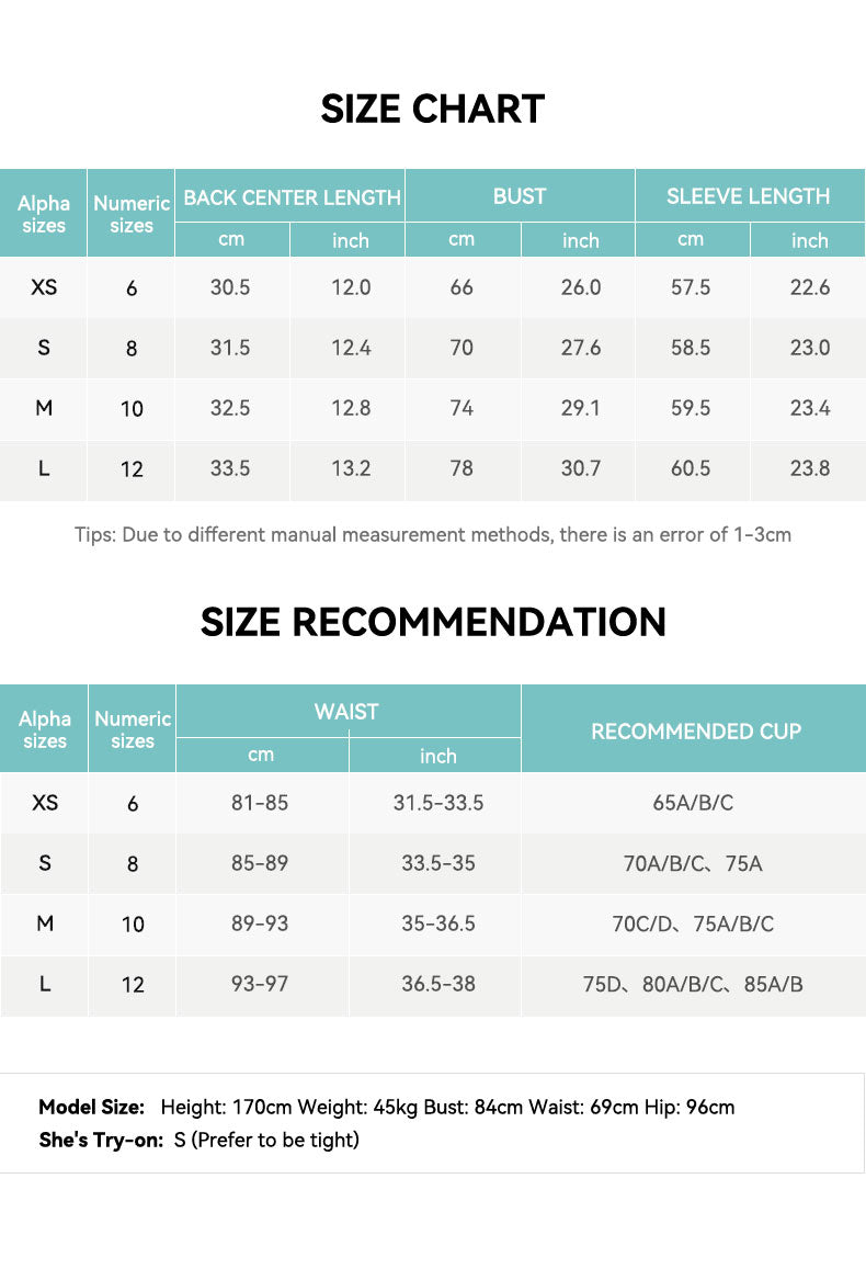 Square Neck Long-Sleeve Cropped Sports Top Size Chart
