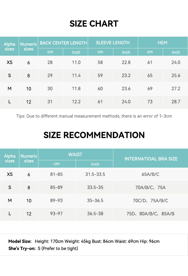 Zip-Up Cropped Long-Sleeve Sports Top Size Chart