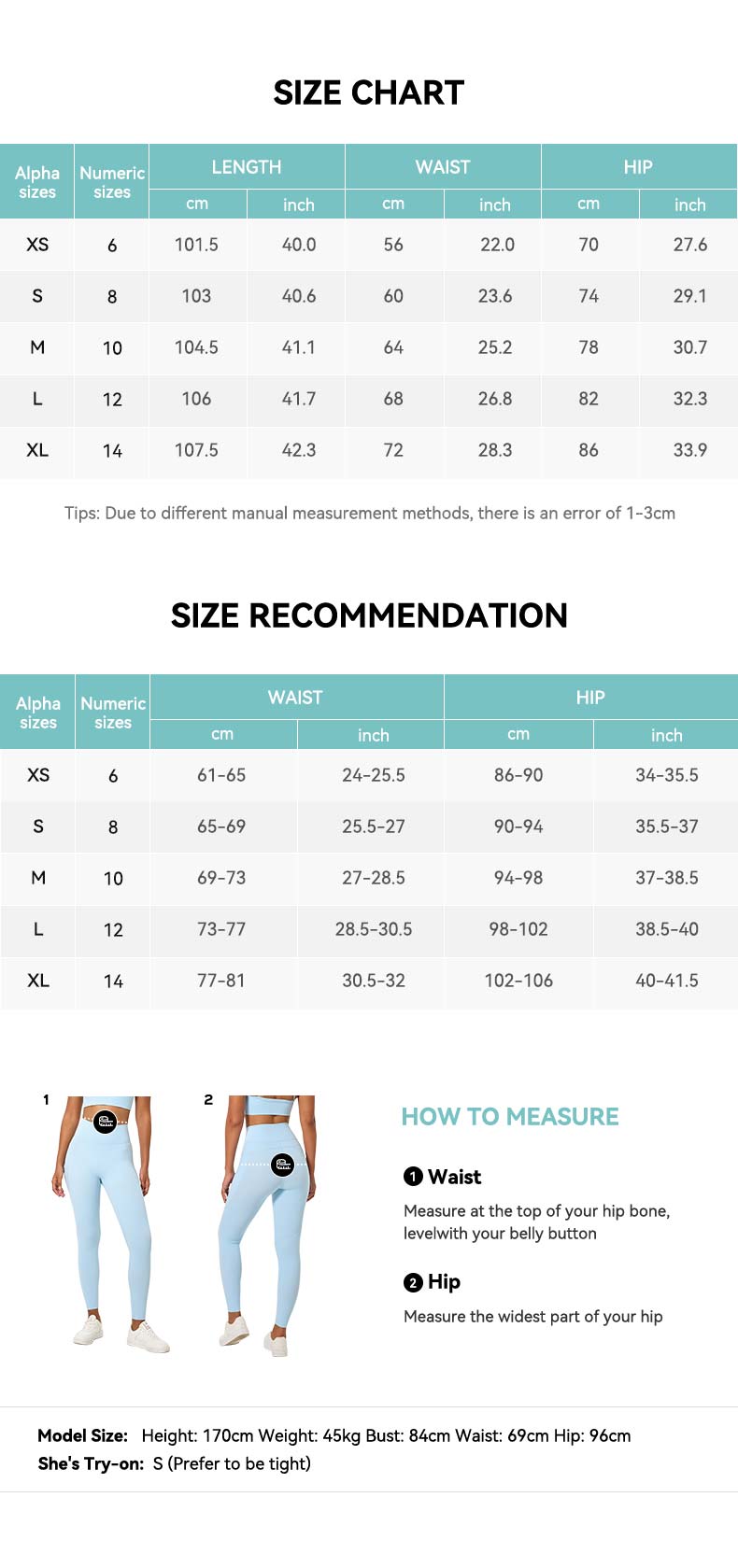 High-Waist Flared Leggings with Slit Hem Size Chart