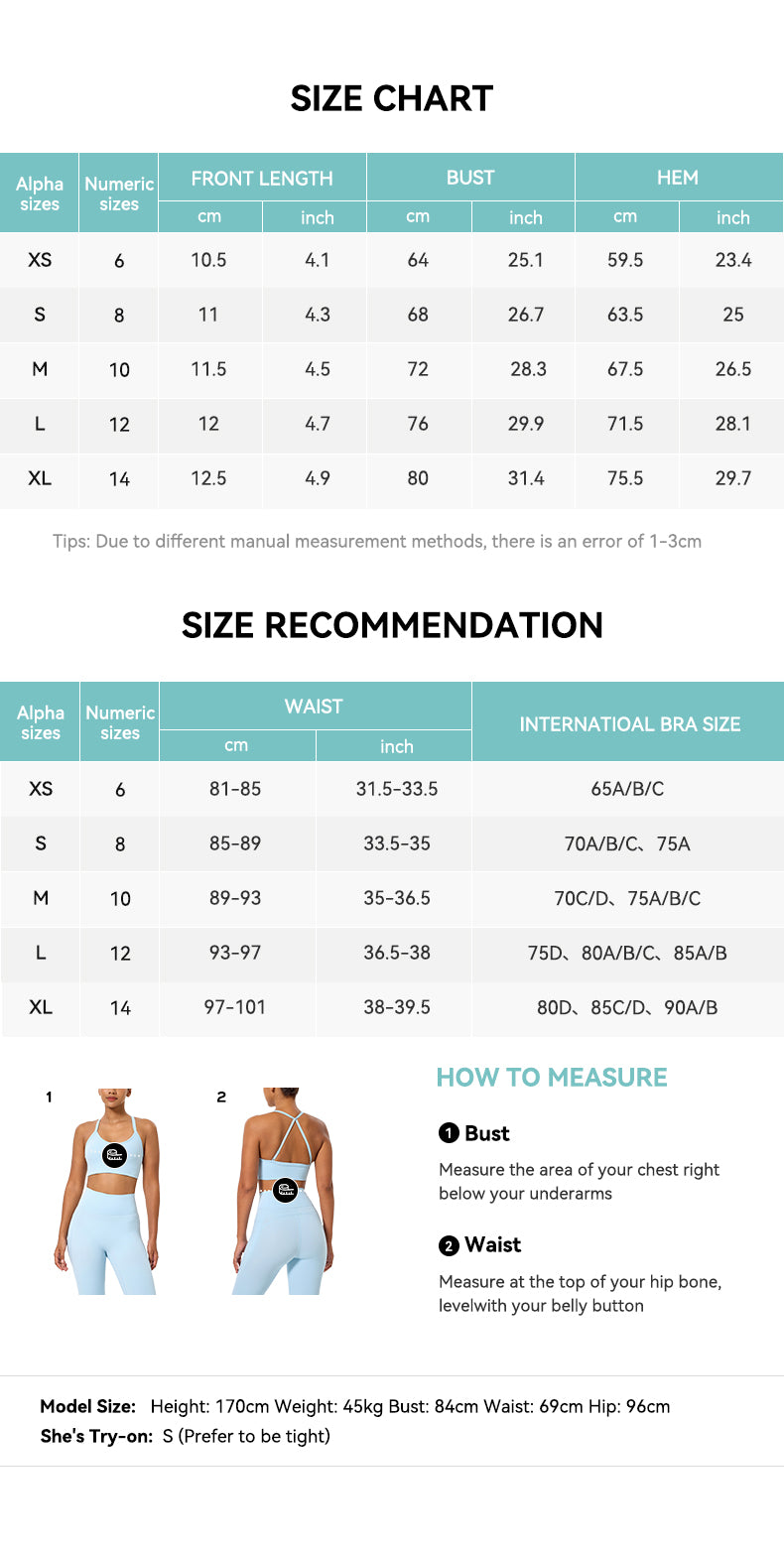 Ribbed Sports Bra with Heart Buckle Size Chart
