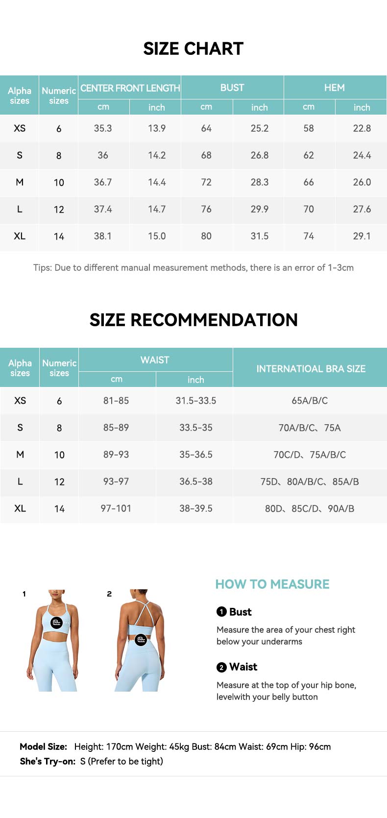 Racerback Cropped Tank Top Size Chart