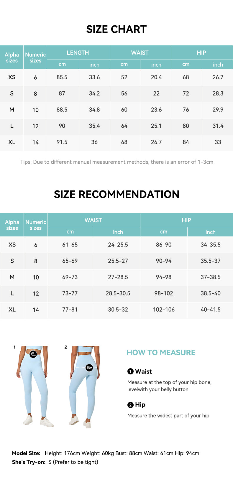 V-Shaped Waist Workout Leggings Size Chart