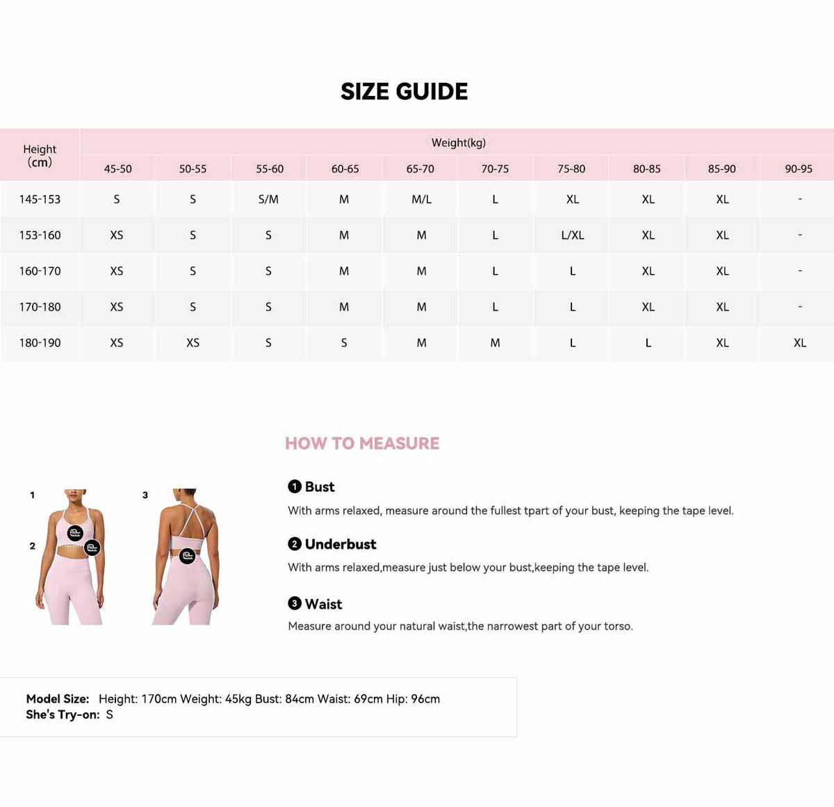 women activewear size chart
